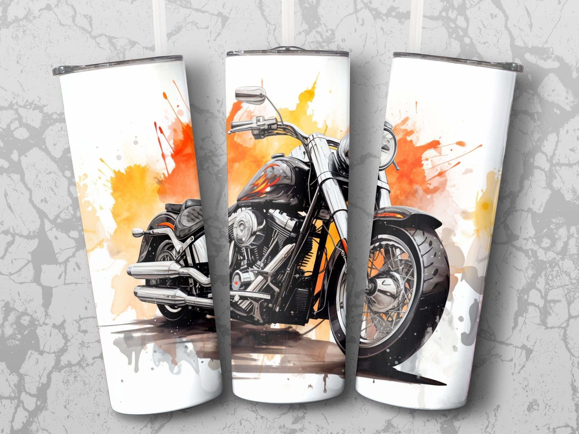 Seamless Motorcycle Tumbler Wrap, Fire-Wheeled Cruiser Motorcycle in M | Seamless Motorcycle Tumbler Wrap, Fire-Wheeled Cruiser Motorcycle